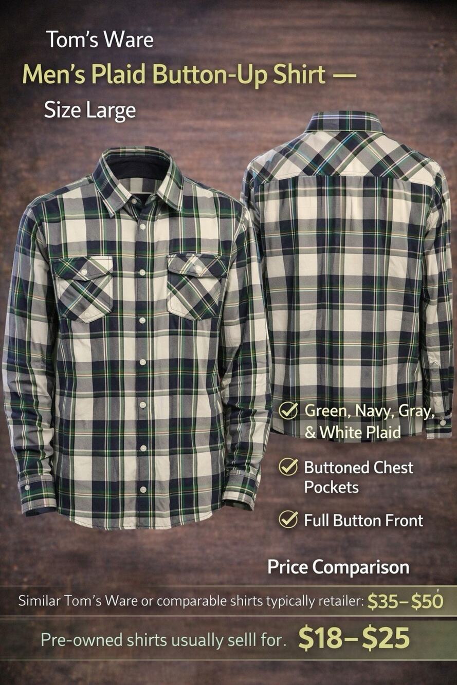 Tom's Ware Plaid Green Navy Gray White Button-Up Shirt Long Sleeve Men's Large